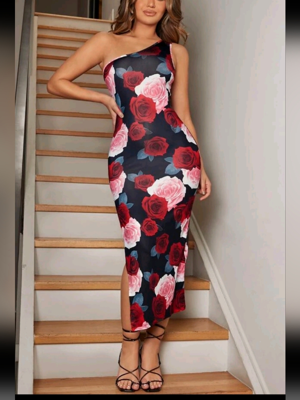 NWT Shein One Shoulder Side Slit Floral Red Pink Rose Slip On Midi Dress Size XL